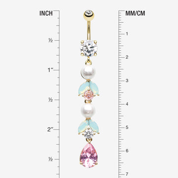 Detail View 1 of Golden Pastel Lumi Pearlescent Dangle Leaf Drop Belly Button Ring-Clear Gem/Pink